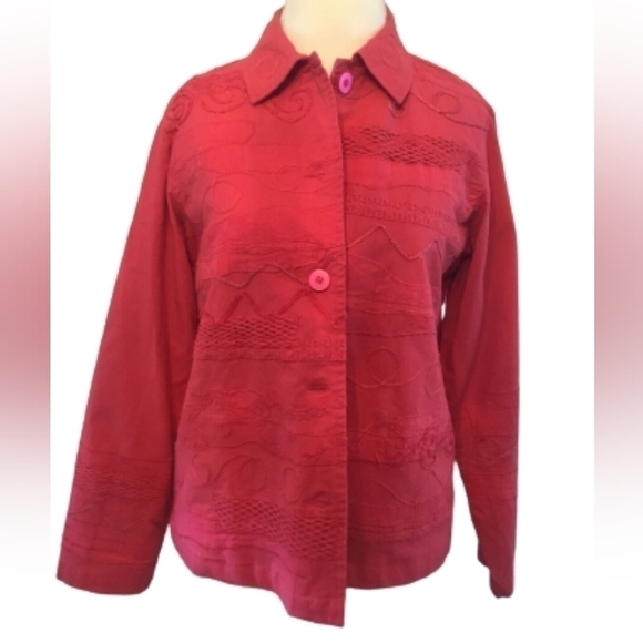 Coldwater Creek Watermelon Pink Embroidered Button Down Blazer Jacket Size Large - Picture 13 of 13
